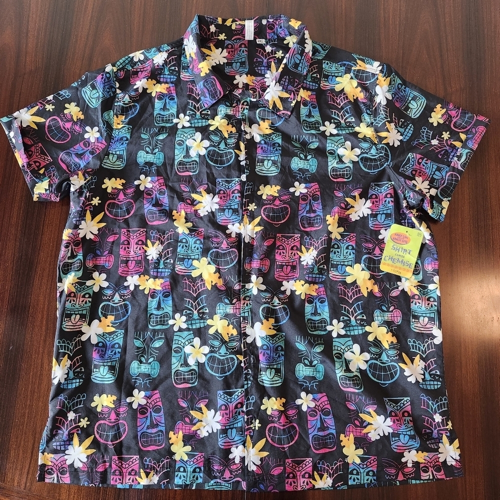 Tiki Totems Hawaiian Shirt Mens Adult L/XL Colorful Aloha Button Up Floral Top